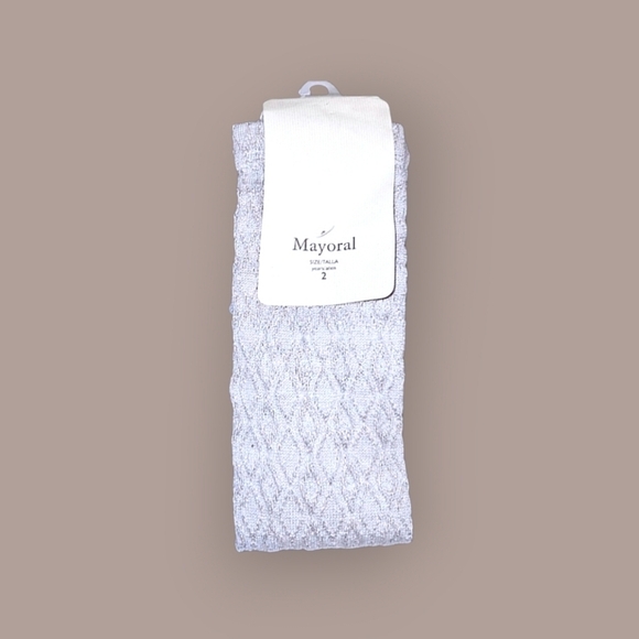 NWT Mayoral Diamond Textured Footed Tights in Oatmeal w/ Metallic Threads, Sz 2 - Picture 1 of 2